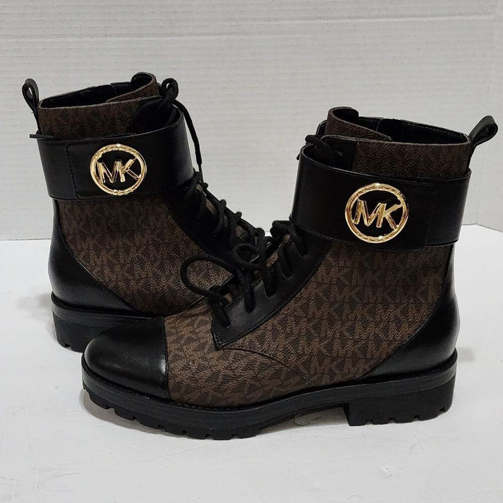 Michael Kors Tatum black and brown logo lace up biker boots size 8.5 new
